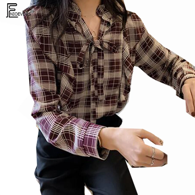

2019 Spring Design Tops Blouses Hot Women Korean Style Clothes Long Sleeve Button Vintage Ruffled Yellow Red Plaid Shirt F277