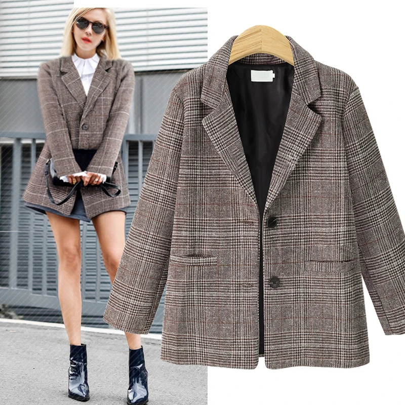 

Autumn Winter Fashion Plaid Blazers Women Single Breasted Female Outerwear Ladies Jackets Blazer