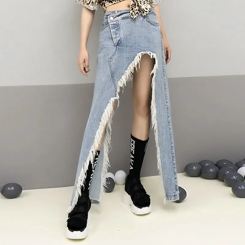 Skirts For Size Irregular Sexy Waist Summer Large Denim Skirt Split Tassel Blue Fashion 2018 E036 Clothing Women High Female fqv86nEw