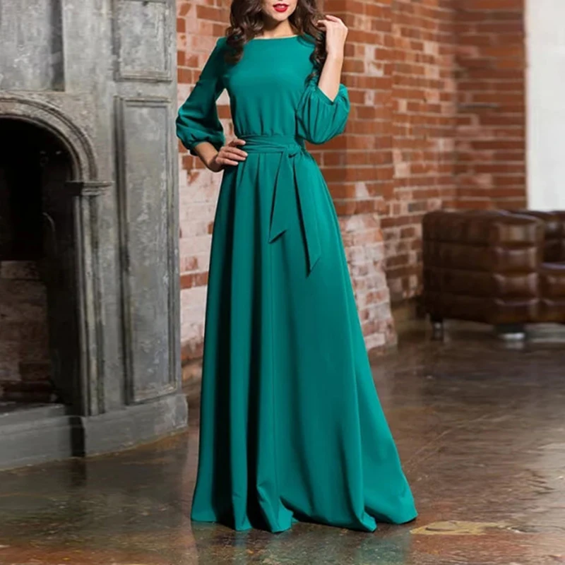 

Women Long Sleeve Full Dress Evening Party Maxi Dress Pockets High Waist Fashion