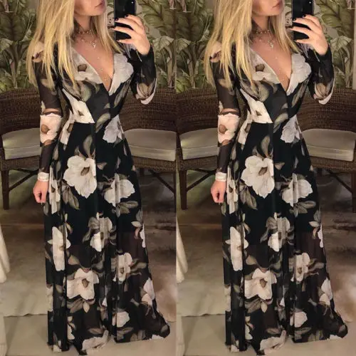 

Fashion Women Floral Print Long Sleeve 2018 Ladies Elegant V Neck Boho Dress Evening Party Long Dresses Beach Sundress