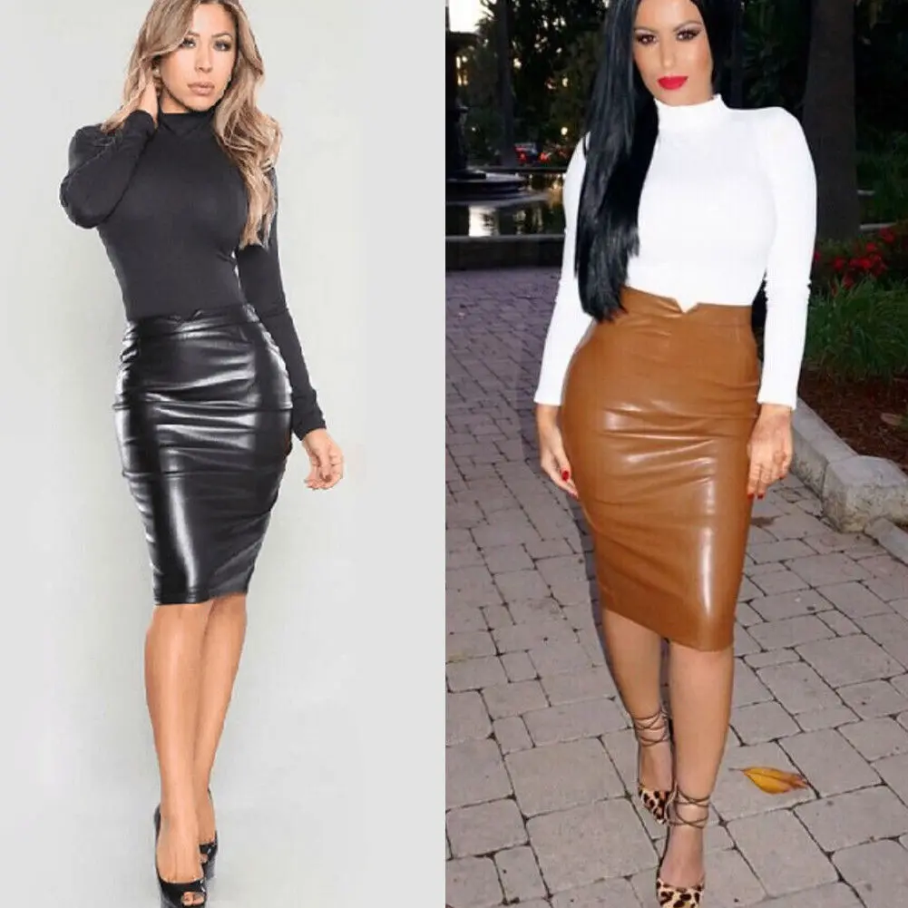 Women Skirts PU Faux Leather High Waist Back Split Bodycon Midi Pencil Skirt-in Skirts from