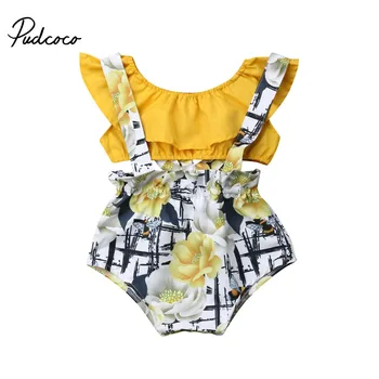 

pudcoco 2019 Baby Girl Clothes Newborn For Female Outfit Infant Clothing Set Yellow Crop Tops+Overall suit 0-18M Flower Type