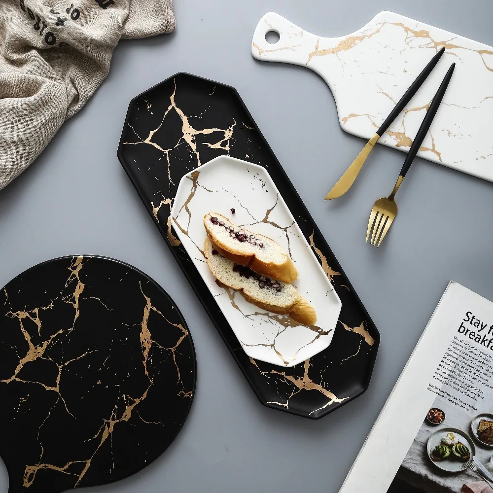 

European White Black Golden Ceramic Dishes And Plate Pizza Dessert Steak Dinner Set Porcelain Tableware Decorative Food Tray