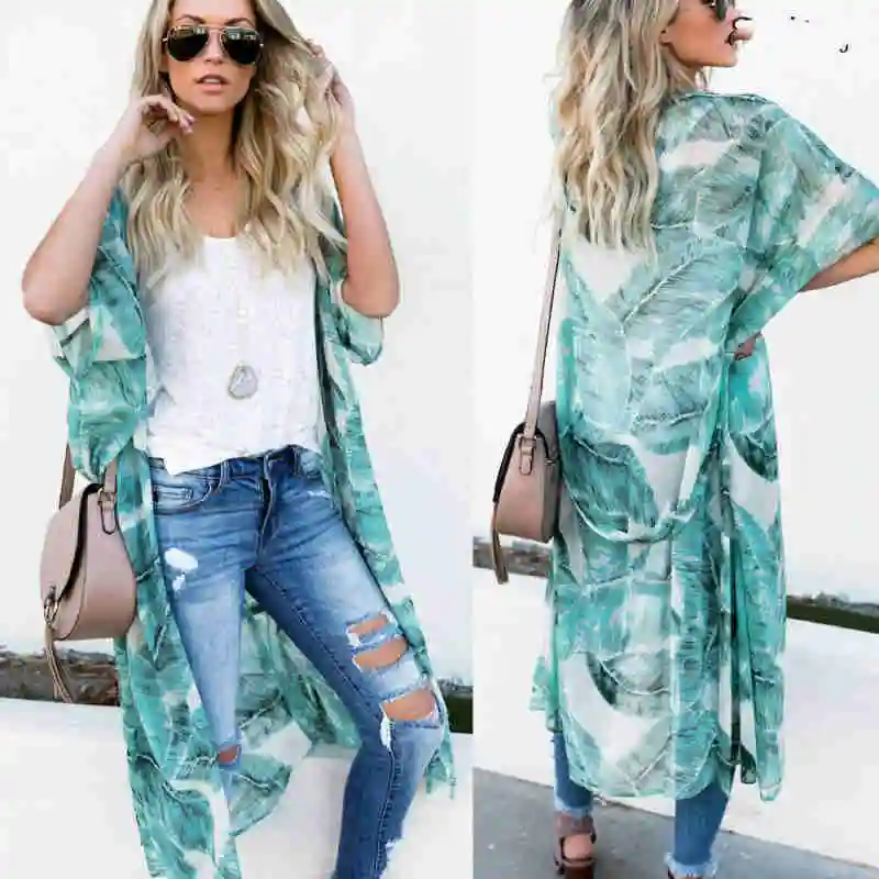 

Plus Size Women Floral Kimono Cardigan Long Summer Hot Female Flower Print Sleeve Casual Jacket Cover Up Tops