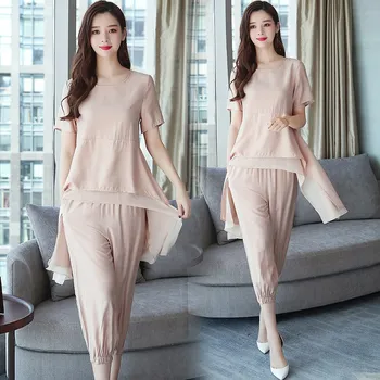 

2019 Summer Cotton Linen Two Piece Sets Women Plus Size Short Sleeve Tops And Pants Office Suits Elegant Casual Sets
