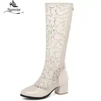 Sgesvier Summer 2019 Blue White Glitter Bling Lace Mesh Knee High Riding Boots Sandal High Block Heels Womens Shoes G452