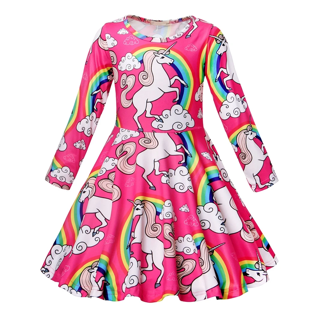 

AmzBarley Rainbow Cartoon Unicorn Dress For Kid Girl Summer Swing Long Sleeve Birthday Party Fancy Dress Casual Clothe 3-13Years