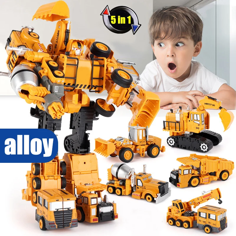 

5 In 1 Super Transformation Robot Car Metal Alloy model Anime Deformation Robot Construction vehicle excavator Educational Toy