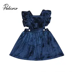 Нарядвечерние платье принцессы с оборками на рукавах для маленьких девочек, милое темно-синее бархатвечерние праздничное платье для