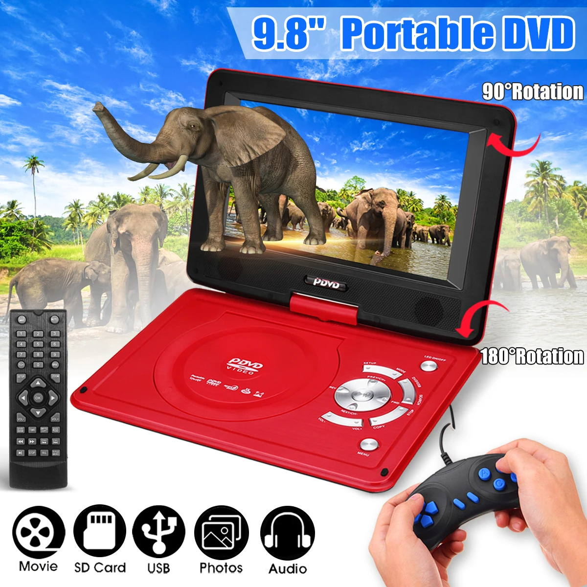 

270 Degree Screen 9.8 Inch Portable Car DVD Player Game Video Control With Game FM Radio TV AV Monitor Card Reader Rechargeable