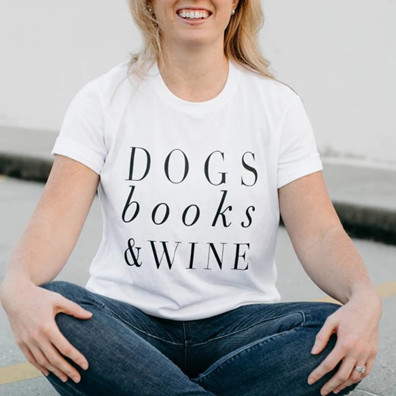 Dogs Books & Wine Women Tshirt Funny Cute Short Sleeve Female T Shirt Harajuku Tees Dog Lover Cotton Causal Summer Top Drop Ship