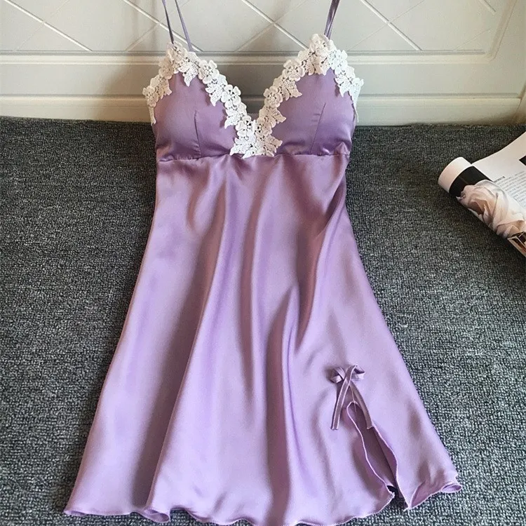 

2019 Spring Summer Spaghetti Strap V-Neck Mini Nightdress Women Fashion Lace Chest Pad A-Line Nightgowns Sexy Sleepshirts