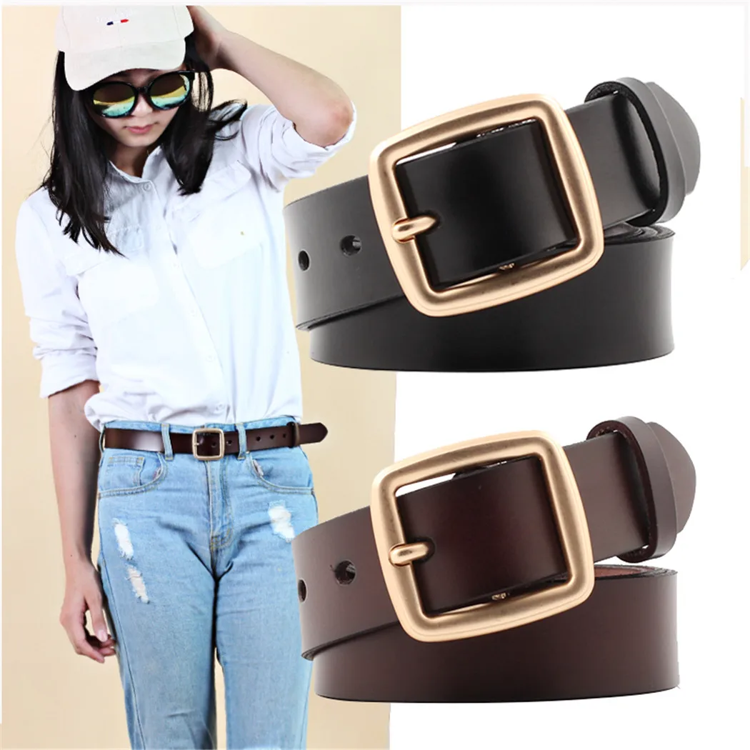 

Women Genuine Real Leather Belt 5 Styles Vintage Black Belts Waistband Ladies Golden Square Buckle Waist Belt For Dress Jeans A1