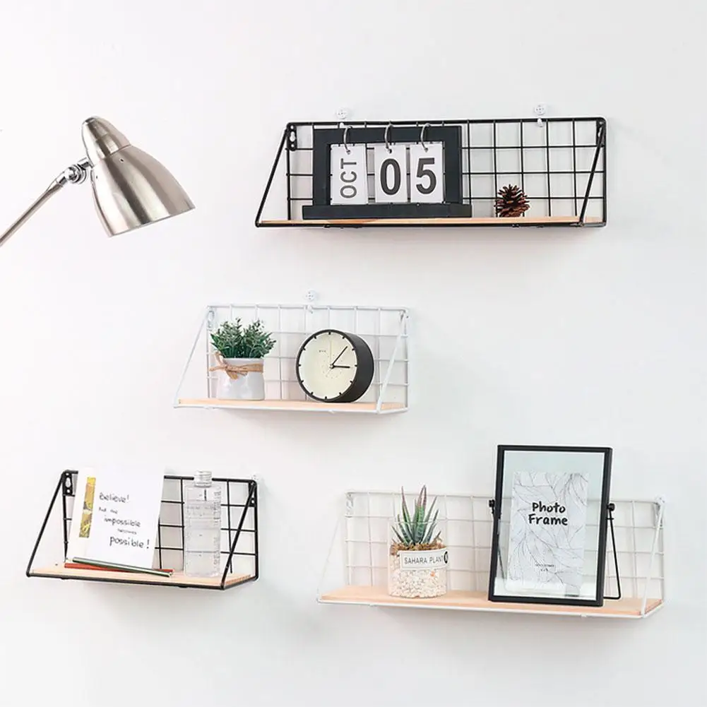 

Ins Style Wall Hanging Iron Wire Storage Rack with Wooden Board Living Room Wall Decoration Storage Organizer Shelf Holder