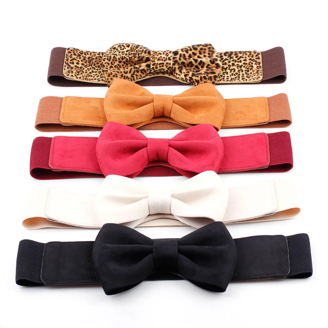 Women Fashion Leopard Wide Waist Belt Sweet Big Bow Female Belt Elastic ...