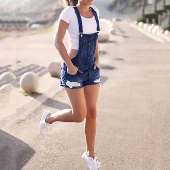 

5XL Women Slim Short Holes Denim Jumpsuit Fashion Strap Blue Jeans Playsuits Causal Jeans Shorts Rompers Overalls