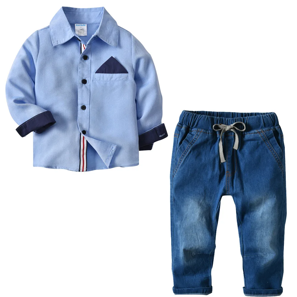 HI& JUBER/новая хлопковая рубашка с длинными рукавами для мальчиков+ джинсовые брюки комплект из 2 предметов Детские комплекты осенне-зимняя одежда для малышей