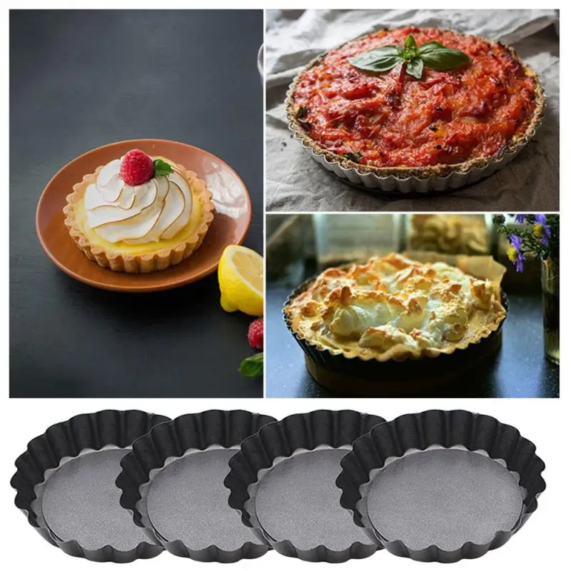 

4pcs Small Round Cake Pans With Loose BasesTray Non-stick Pastry Baking tray Tart Fluted Carbon 10cm