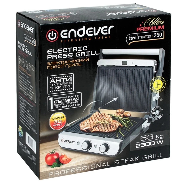 Гриль-пресс Endever Grillmaster 250(Мощность 2300 Вт, терморегулятор(100-250 °C), таймер, внутреннее антипригарное покрытие, световой индикатор нагрева и готовности к работе, размеры рабочей поверхности 34х24 см