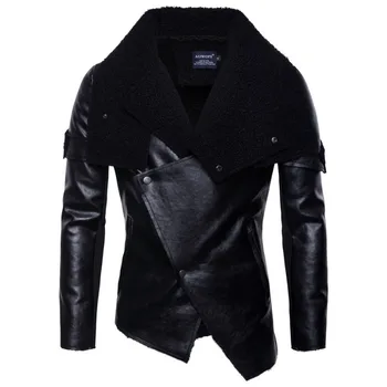 

2019 autumn and winter European and American punk stitching leather jacket in the long paragraph lapels warm leather jacket cool