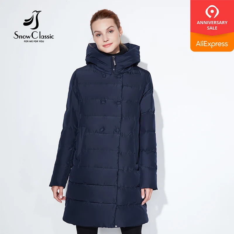 

Snowclassic Fashionable winter jacket lady thick long coat button decoration hat DuPont biological cashmere warm wind Large size