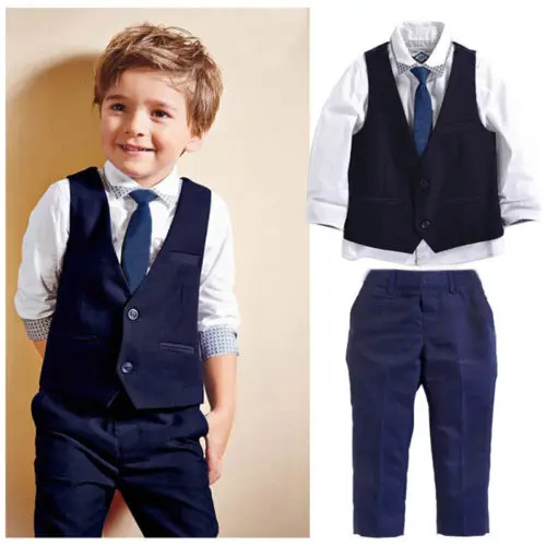 

Newest US Stock Toddler Kids Boys Tops Shirt Waistcoat Tie Pants Formal Suit Party Wear Outfits One Set