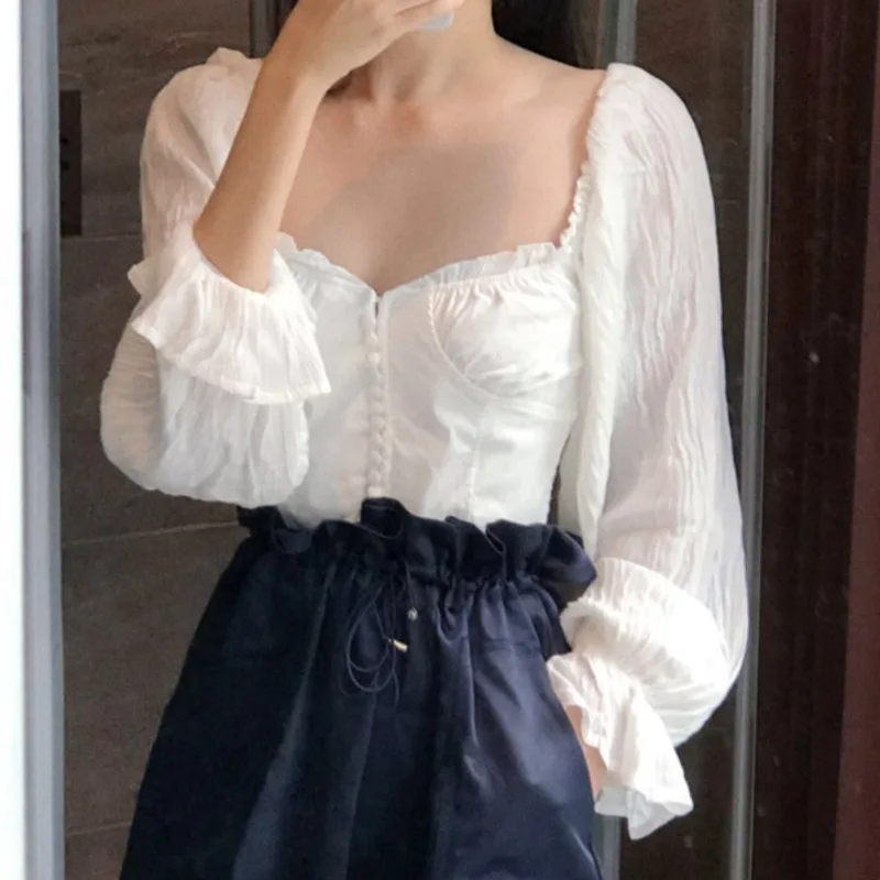 

[Super Seabob] 2019 Spring Summer Woman New Sexy Stylish White Color Long Flare Sleeve Square Collor Loose Shirt All Match LI905