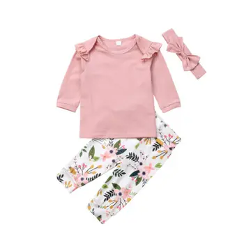 

baby floral print autumn clothes girls kids long sleeve ruffles T-shirts long pants Princess Pink Fashion Infantile