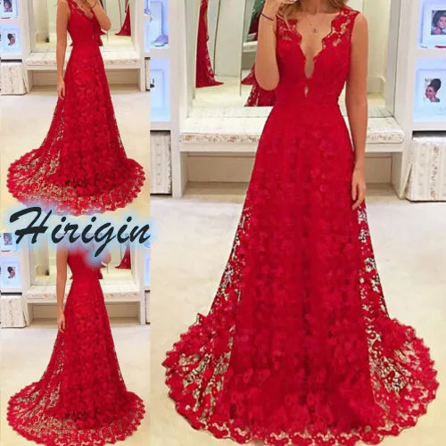 

Summer Formal Dresses Women Sexy Sleeveless Deep V-Neck High Waist Long Dress Red Lace Hollow Out Formal Dress