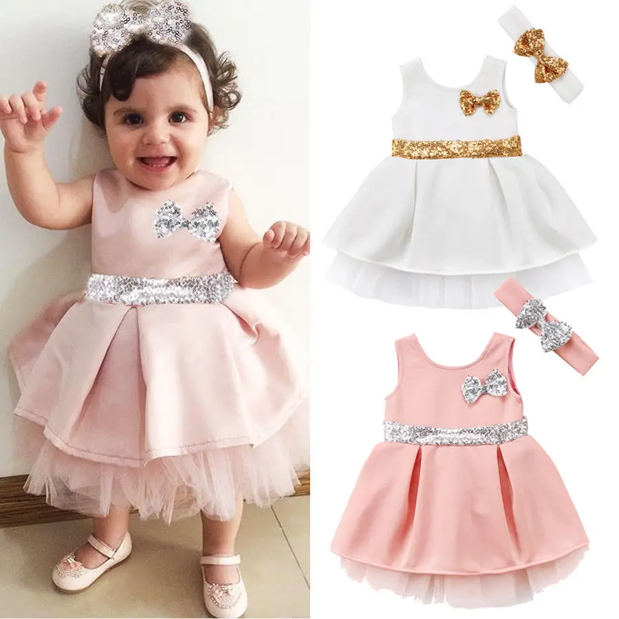 

Summer Toddler Baby Girls Sleeveless Sequin Bowknot Princess Tutu Pageant Party Dresses Pink Dress with Bowknot Headband