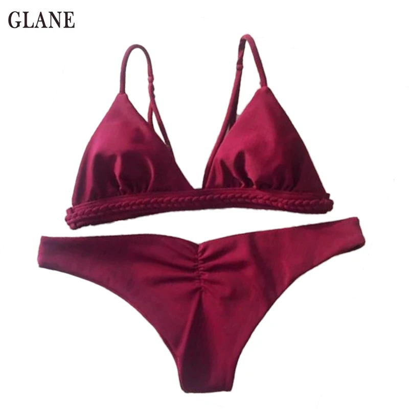 2018 New Sexy Women Solid Bikini Set Bandage Push Up Padded Swimwear Summer Swimsuit Bathing Beachwear Wine Red Yellow | Спорт и
