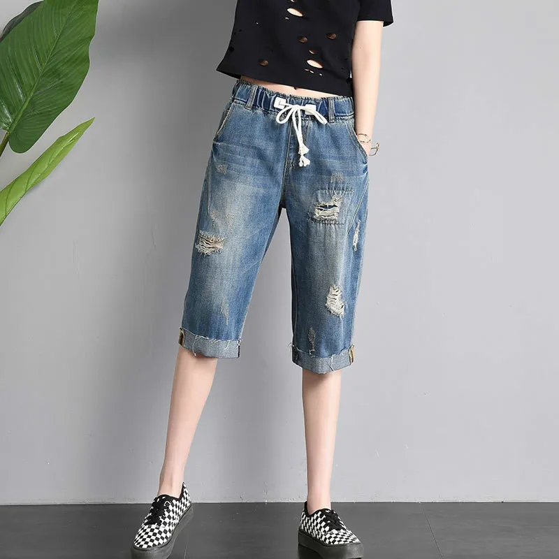 

2019 Summer Ripped Holes Jeans Short Pants Women Casual High Waist Capris Ladies Denim Jeans Harem Pants