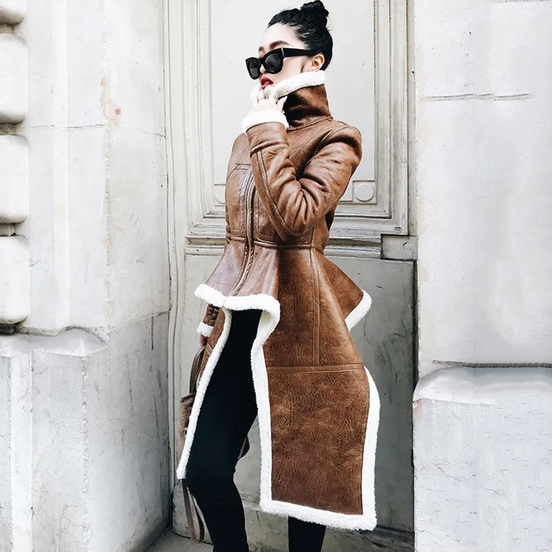 2018 Femelle Hiver Vêtements Couche Veste Marron Vintage Col Marée Manteaux En Zipper Épaisse À Roulé Fermetures Cuir Irrégulière Pu Polaire Glissière MUqpSzV