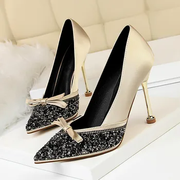 

New Pointed Toe Crystal High Heels Shoes Woman Yellow Bowtie Stiletto Pumps Ladies Fashion Party Wedding Dress Shoes DS-A0339