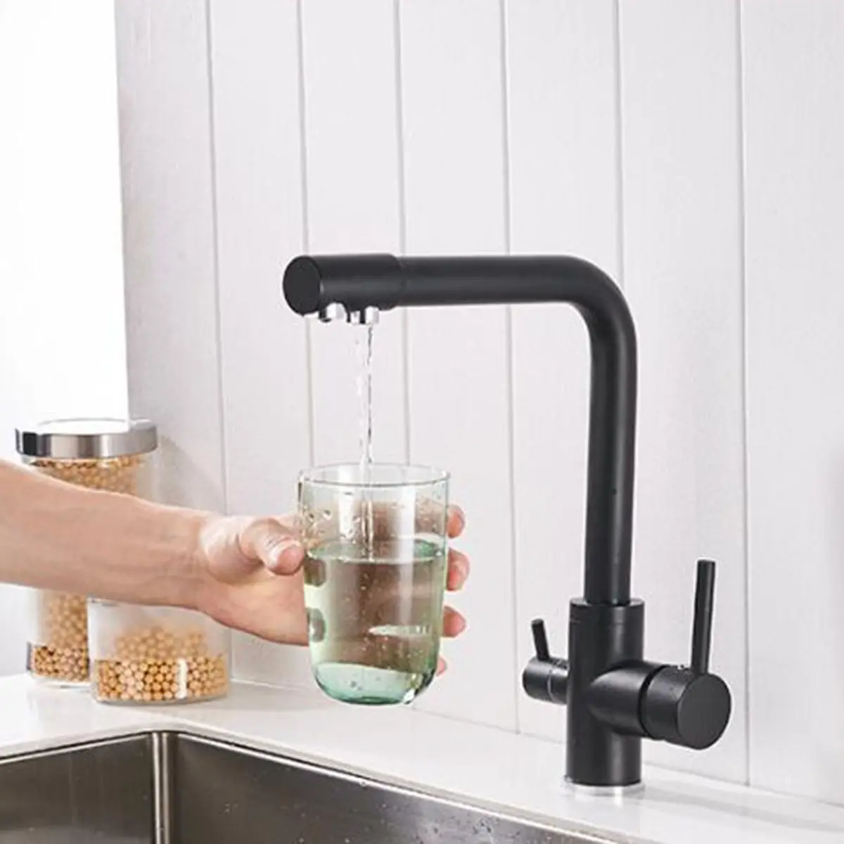 

Hot/cold water Kitchen Faucet mixer tap 360Degree Rotatable 3 way pure filter water Double handles Sink Basin Faucet gold copper