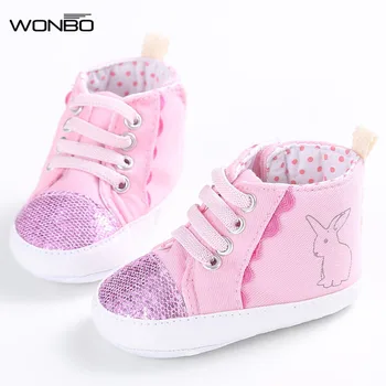 

Classic Casual Newborn Toddler Shoes Baby Girls Cute Cartoon Rabbit Printing Bling Lace-Up First Walkers Sneakers Shoes