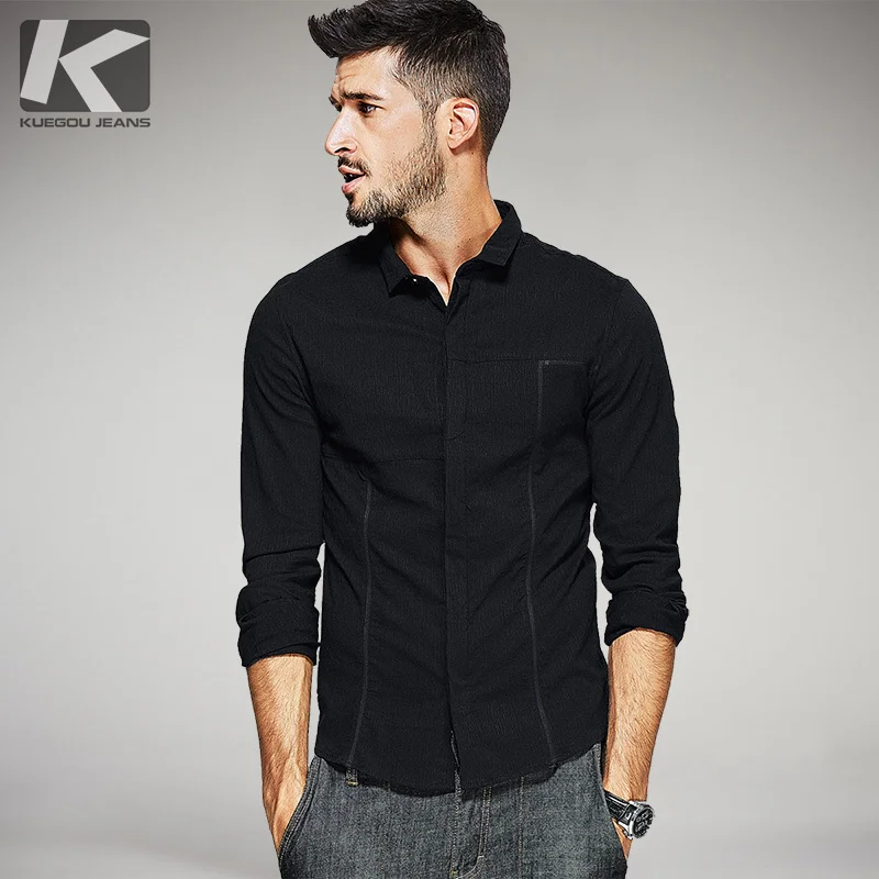 

KUEGOU New Autumn Mens Casual Shirts Patchwork Black Color Brand Clothing Man's Long Sleeve Slim Fit Male Clothes Plus Size 3148