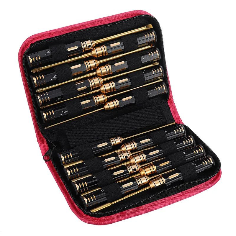 

16Pcs Hex Phillips Screw Nut Flat Screwdriver Steel Set with Bag Black Gold Hexagonal Hand Shank For RC Model Mini Hand Tool