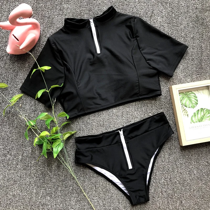 

MUXILOVE Female Swimsuit High Waist Bikini 2019 Women Swimwear Two-pieces Bikini set High Neck Bather Zipper Sport Bathing Suit