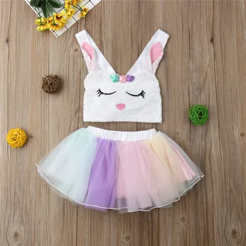 

rabbit Cute Sequins Crop Top Lace Tutu Skirt 2pcs Baby girl clothes Summer outfits New Arrvial Newborn baby clothes girl