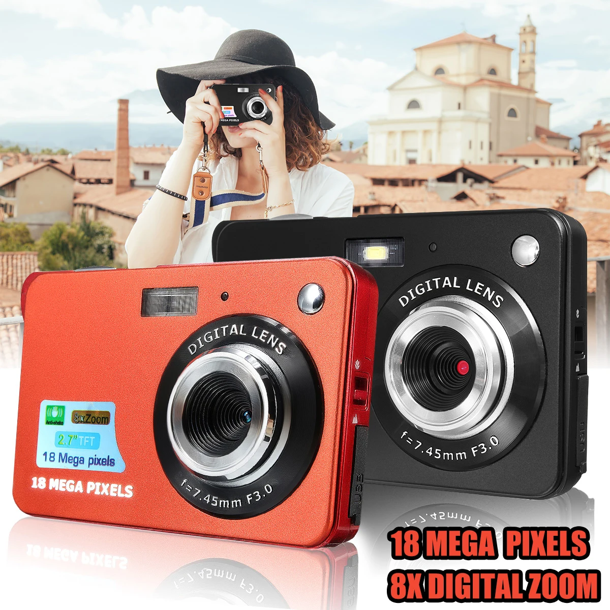 

Portable Mini Camera 2.7" 720P 18MP 8x Zoom TFT LCD HD Digital Camera Camcorder Video Camcorder DV Anti-Shake Camera