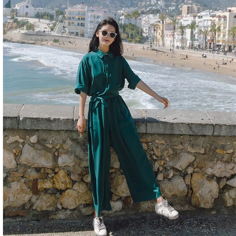 

2019 Summer Women Green Casual Jumpsuit Short Sleeves Wide Legs Jumpsuit Thin Sashes Loose Overalls Female