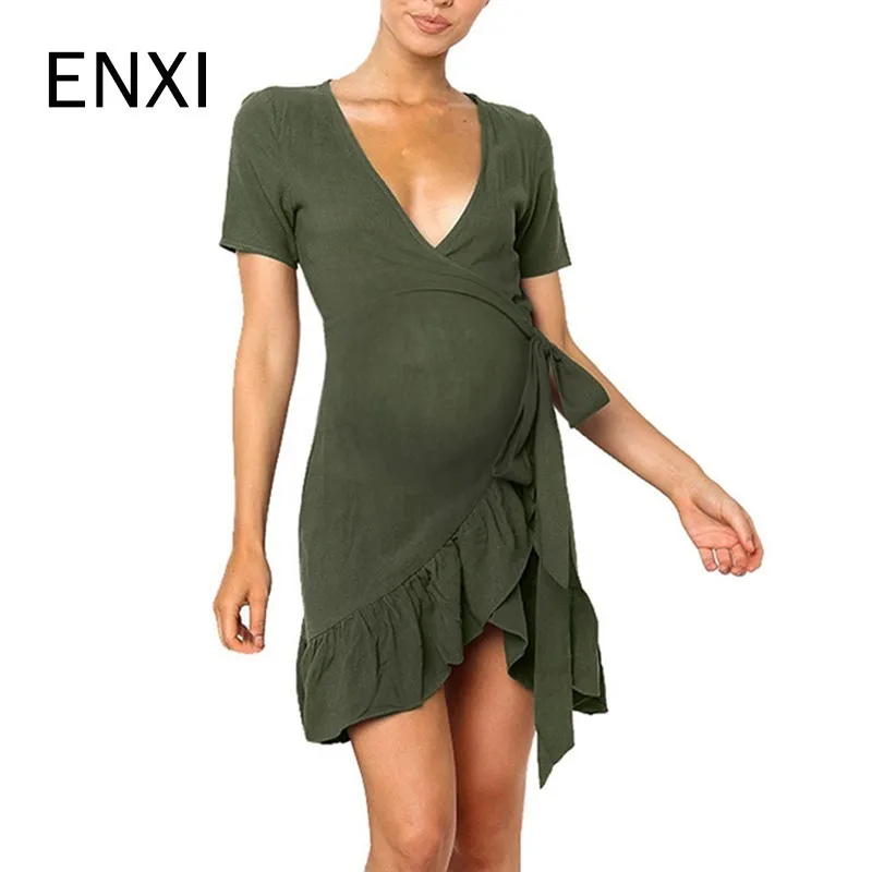 

ENXI Fashion Maternity Dresses Clothes For Pregnant Women Clothing V-neck Short Sleeve Slim Pregnancy Dress Wear 2019 Summer