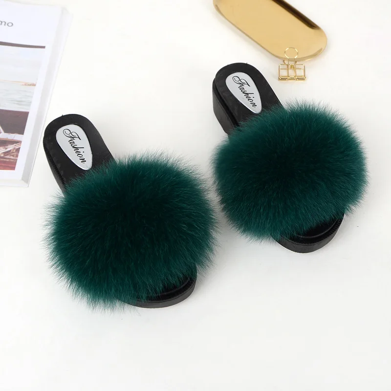 US $18.74 Real Fur Slippers Wedges Women Slides Platform Fluffy Summer Home Shoes Woman Luxury Brand Female Sandals Med Heel Fashion 2019