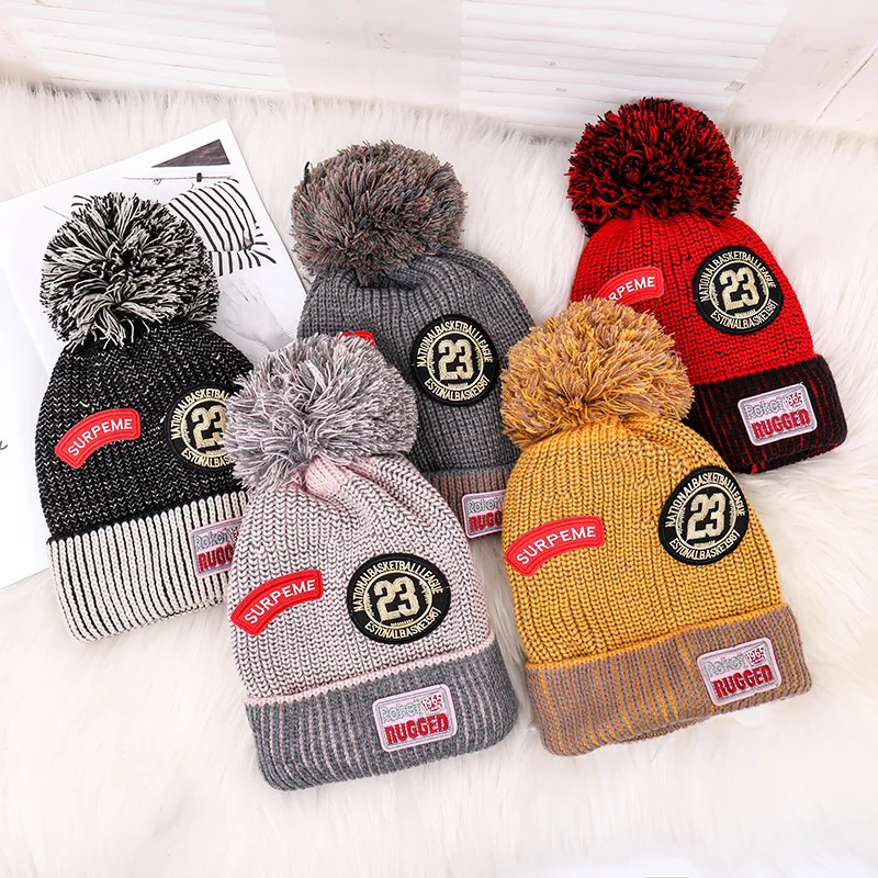 

Hats Winter Pattern Bannan Ma'am Black And White Spelling Colored Hair Ball Wool Hat Increase Down Thickening Knitting Hat