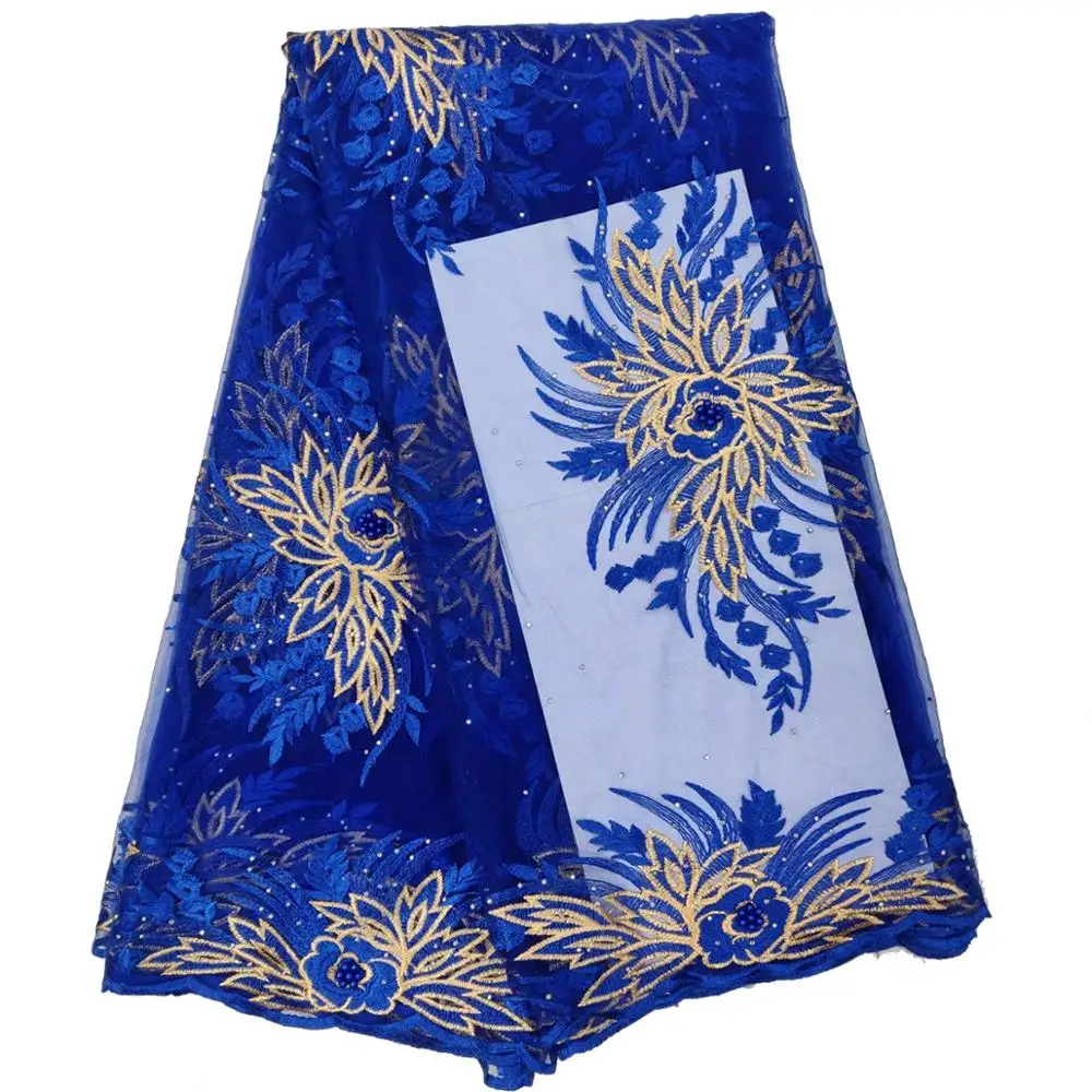 

Royal blue and Golden African Lace Fabric 2019 Embroidered Nigerian Laces Fabric High Quality French Tulle Lace Beaded Fabrics