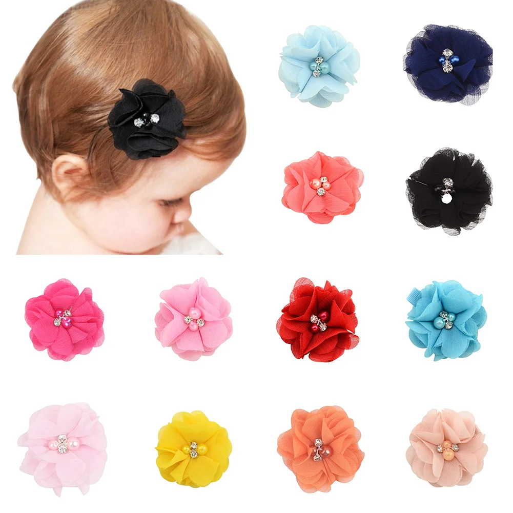 

10Pcs Plaid Pearl Acc Rhinestone Chiffon Head Flower Diy Hair Accessories Hairpins Childrens Hot Acc 2019 New Red No Hair Clips