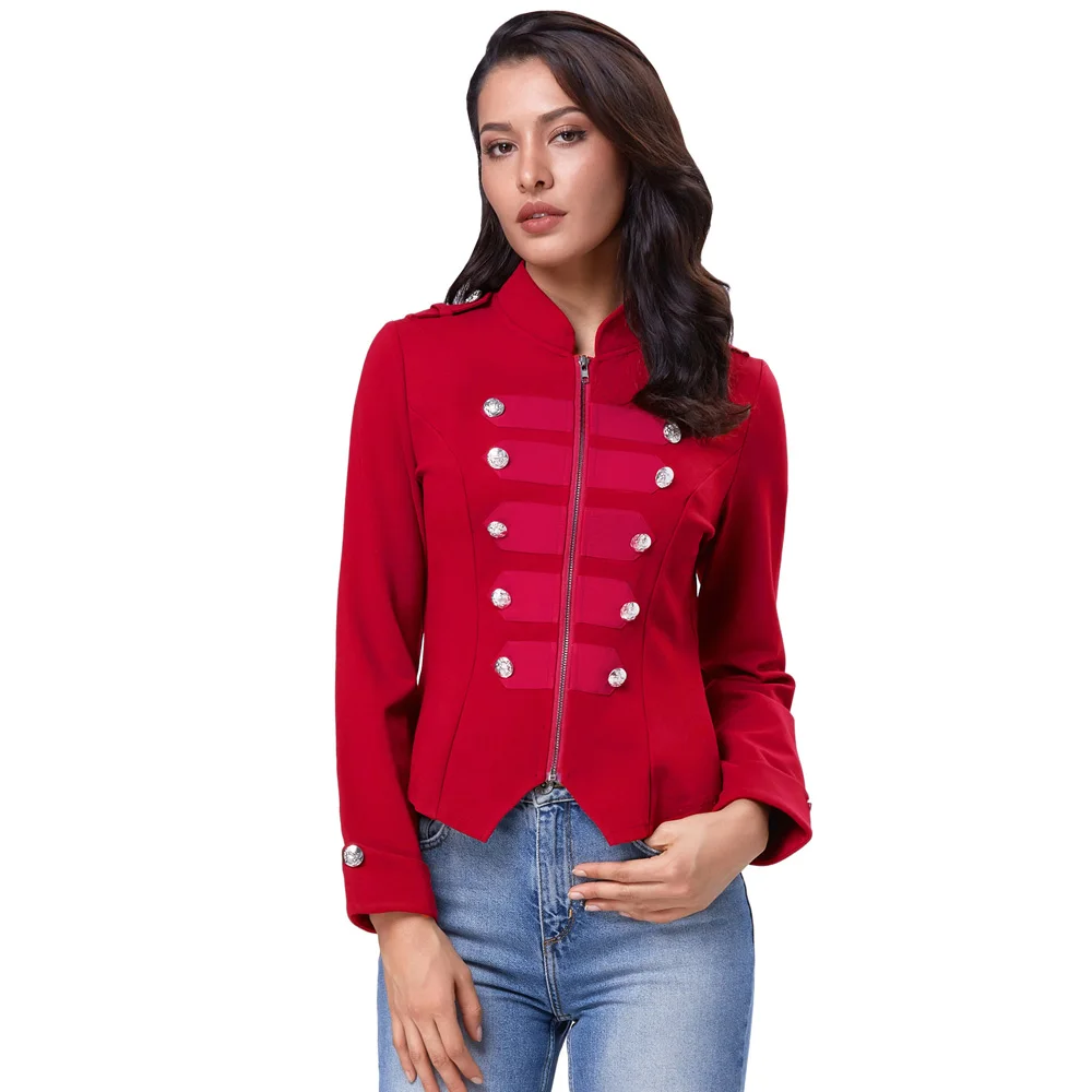 

Women's Coat Stand Collar Two Rows Buttons Decorated Zipper Front Military Jacket Coat Tops Fashion Personality Soft For Women