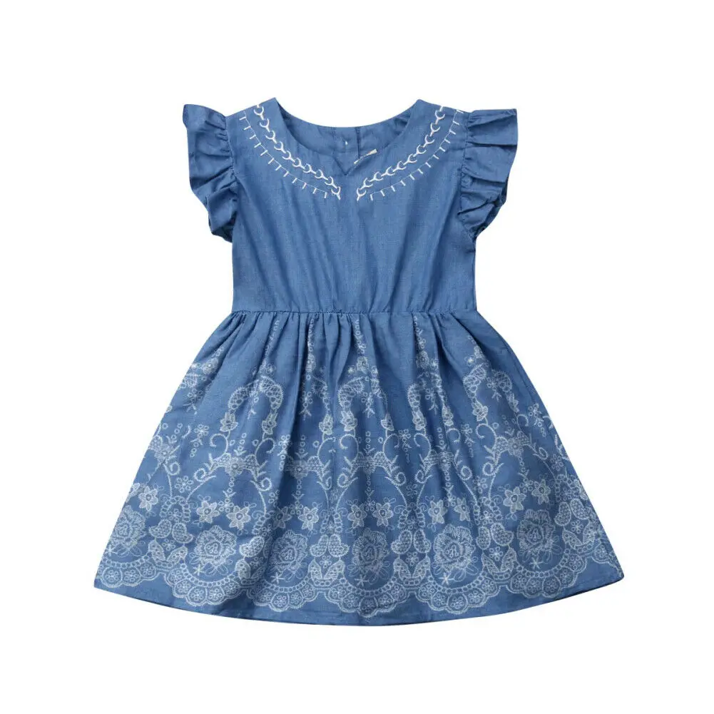 

Summer Toddler Kids Baby Girl Dress Ruffles Sleeveless Flower Denim Jean One Pieces Princess Girls Holiday Party Dresses Clothes
